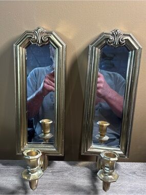 Vtg Gold Mirror Candle Sconce Accent Mirror Candle Holder Mid-century Some Wear